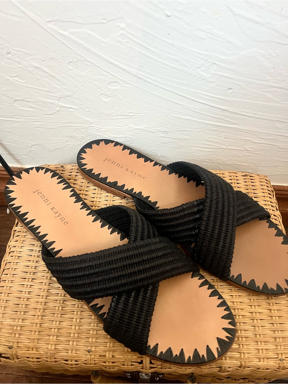 Jenni Kayne Black Raffia Crossband Slide Sandals
